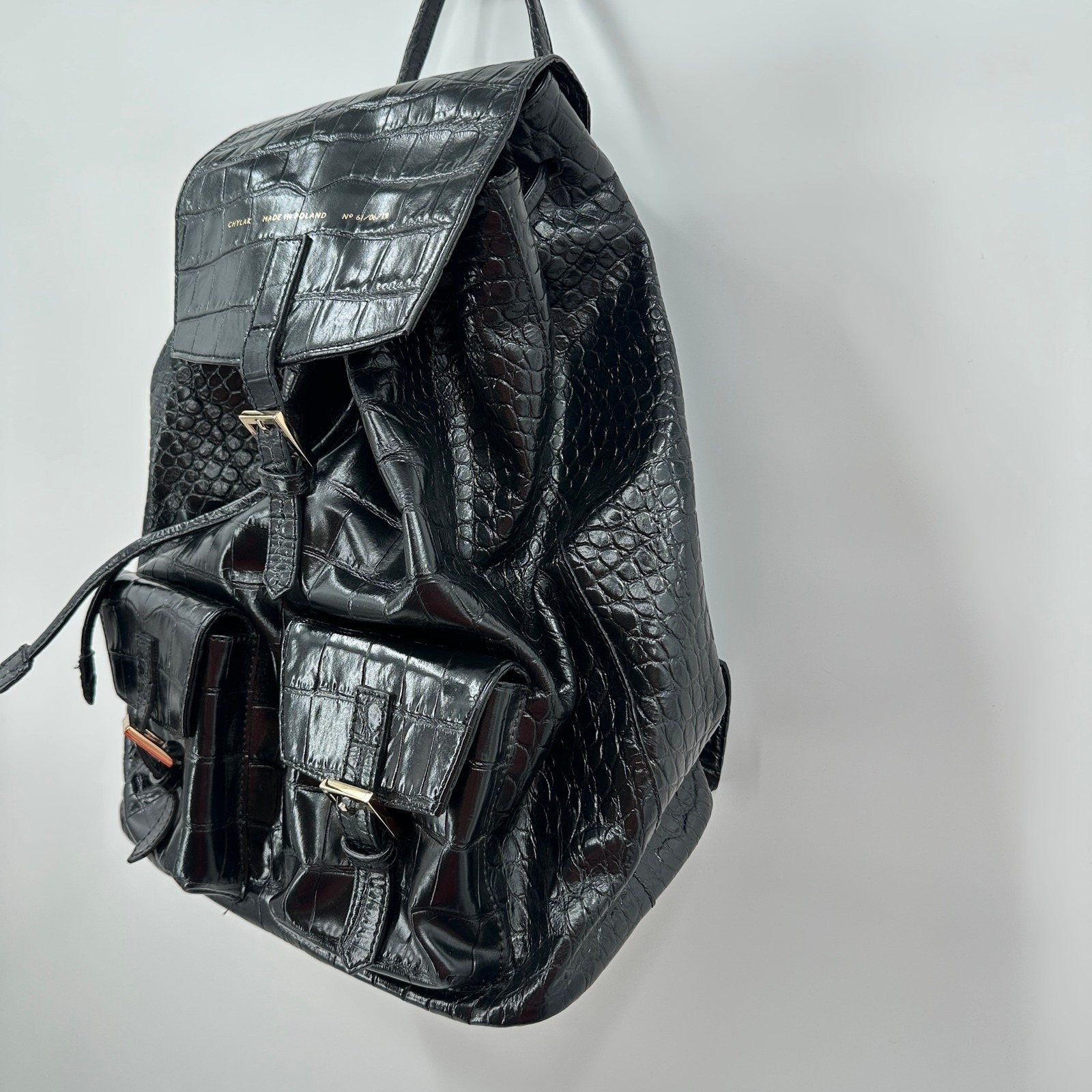 Chylak Big Backpack Glossy Black Crocodile Embossed Leather Poland No 61/06/19 — image 4 of 8